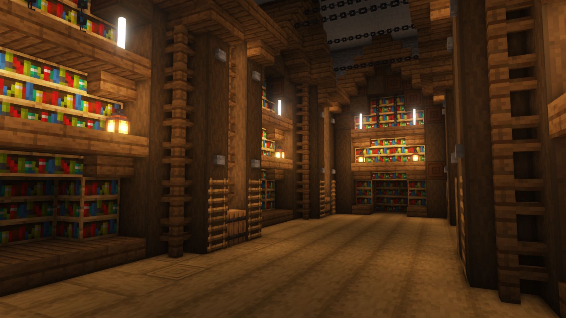 This cozy library has a warm vibe with lots of wood furniture and lamps (Image via Mojang Studios || Reddit/u/MS-Gaming)